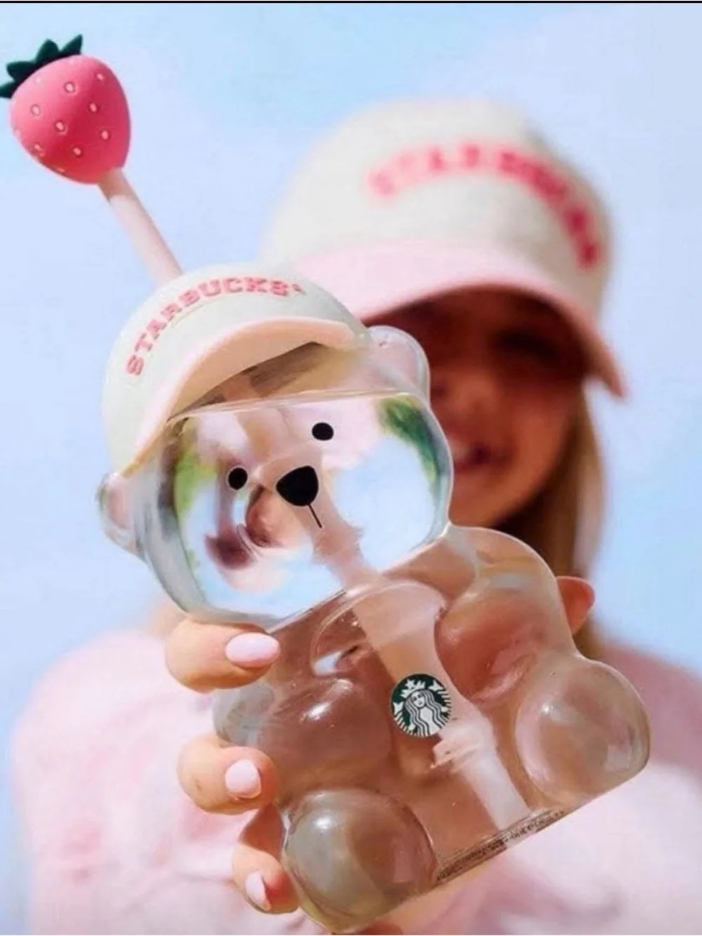NEW Starbucks PINK Bearista Glass Bear Cup Strawberry Topper Limited Edition